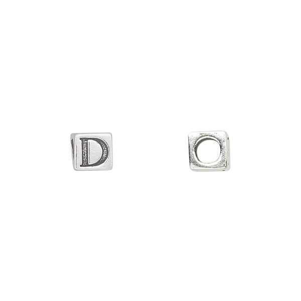 Bead, sterling silver, 5.5mm cube with alphabet letter "D." Sold individually. image number 0