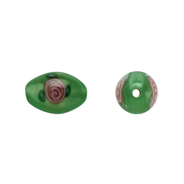 Bead, Czech lampworked glass, opaque green and pink, 12x8mm-13x9mm olive with flower design. Sold per pkg of 4. image number 0