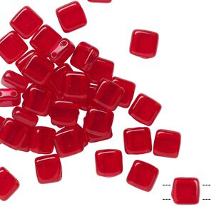 Bead, Preciosa, Czech pressed glass, transparent ruby, 6x6mm flat square with (2) 0.7mm holes. Sold per pkg of 40.