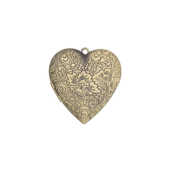 Focal, antiqued brass, 42x40mm double-sided heart locket with stamped flower and scroll design. Sold individually. image number 0