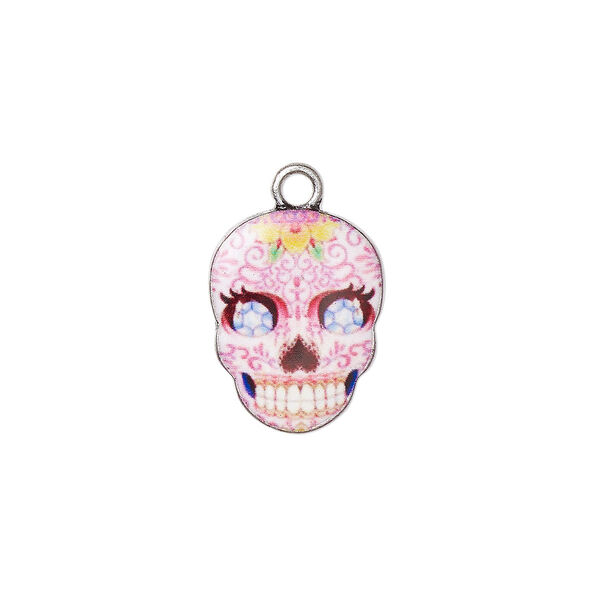 Charm, resin and antique silver-plated "pewter" (zinc-based alloy), multicolored, 17.5x14mm single-sided Dia de los Muertos skull with flower and diamond design. Sold individually. image number 0