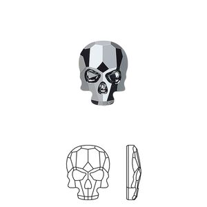 Flat back 36pk jet hematite, Swarovski® 14x10.5mm skull 2856