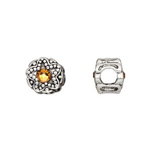 Bead, Dione®, antique silver-plated pewter (tin-based alloy) and crystal rhinestone, golden topaz yellow, 11mm double-sided round with star design. Sold individually.