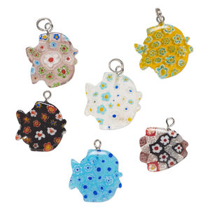 Drop mix, millefiori glass and silver-finished steel 1pkg6, translucent multicolored, 19x18mm-25x24mm fish.