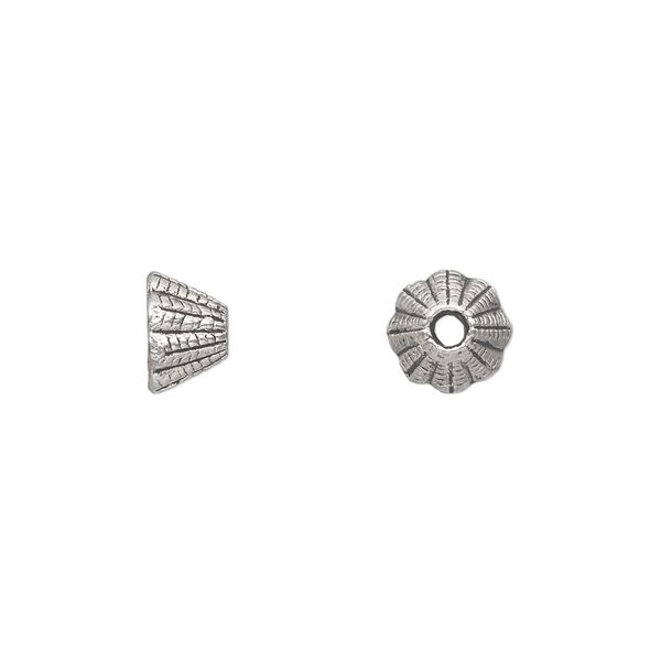Cone, antique silver-plated "pewter" (zinc-based alloy), 8x5mm corrugated, 5mm inside diameter. Sold per pkg of 50. image number 0