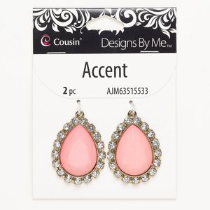 Focal 1pkg2 brass / acrylic / glass rhinestone, 33x26mm-33x27mm faceted teardrop, gold finish / pink / clear