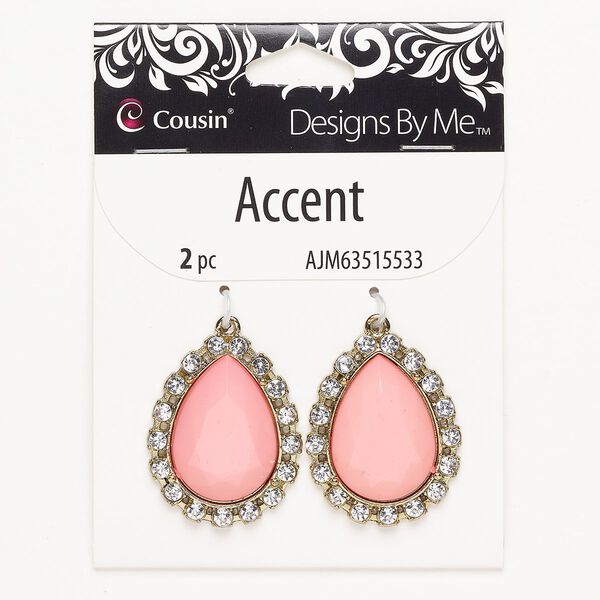 Focal 1pkg2 brass / acrylic / glass rhinestone, 33x26mm-33x27mm faceted teardrop, gold finish / pink / clear image number 0