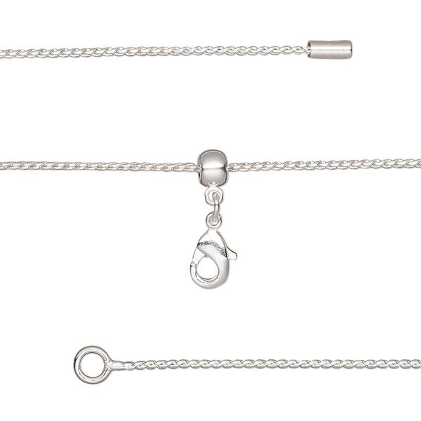 Chain, silicone and silver-plated brass, 0.9mm serpentine, adjustable from 16 to 23-1/2 inches with lobster claw clasp and adjustable slider bead. Sold individually. image number 0