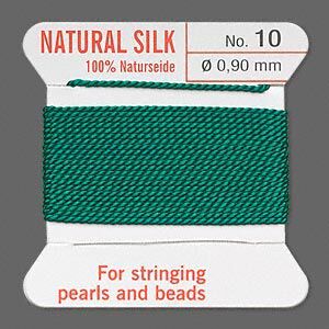 Thread, Griffin, silk, green, size #10. Sold per 2-meter card (approximately 78 inches).