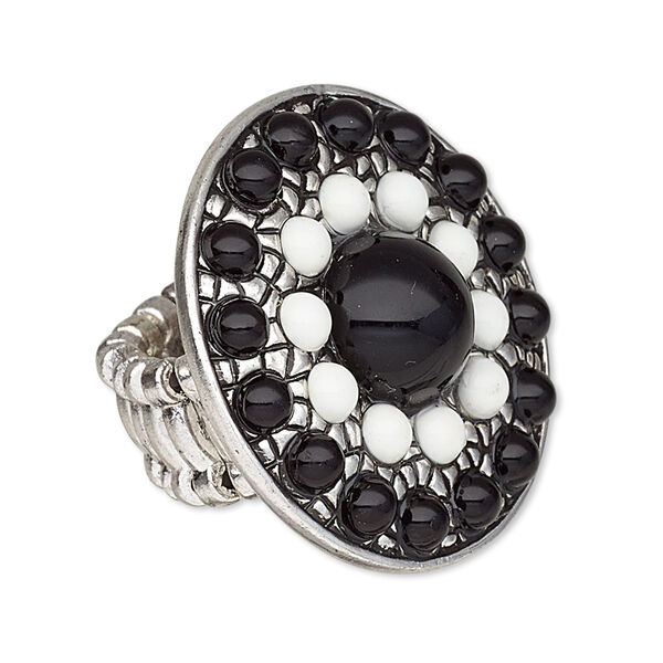 Ring, stretch, resin and antique silver-plated "pewter" (zinc-based alloy), black and white, 34mm round. Sold individually. image number 0