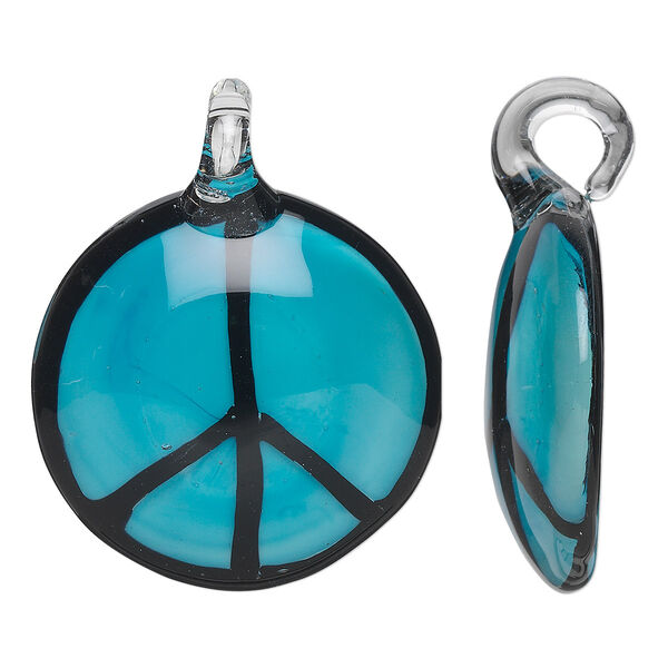 Focal, lampworked glass, turquoise blue and black, 38mm single-sided round peace sign. Sold individually. image number 0