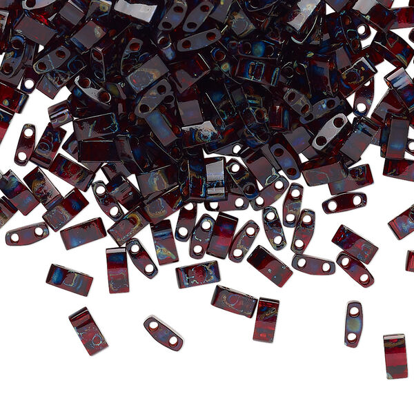 Seed bead, TILA®, glass, pkg/10g, 5x2.3mm half tila rectangle, translucent Picasso red, (HTL-4504). image number 0