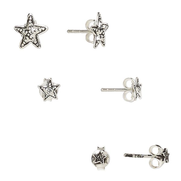 Earstud, antiqued sterling silver, 3.5mm star with star design / 5.5x5mm beaded star / 9x8mm beaded star with post. Sold per pkg of 3 pairs. image number 0