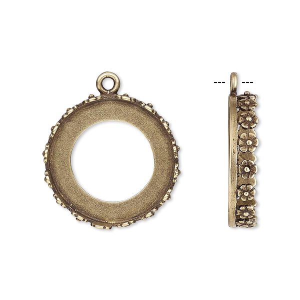 Drop, JBB Findings, antiqued brass, 20mm round with open back and flower design trim, 18mm round bezel setting. Sold per pkg of 2. image number 0