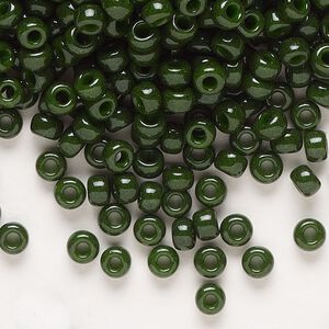 Seed bead, Miyuki, glass, pkg/250g, #6 rocaille, opaque outside dyed olive green, (RR-1488).