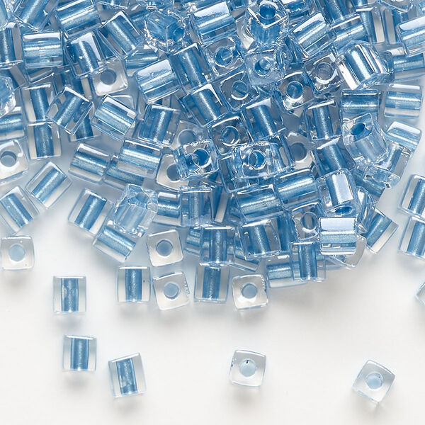Seed bead, Miyuki, glass, pkg/25g, 3.5-3.7mm square, transparent metallic light blue inside dyed color clear (SB-2606). image number 0