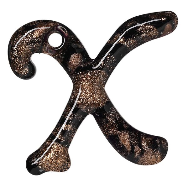 Focal, lampworked glass, semitransparent black and clear with copper-colored glitter, 41x36mm single-sided letter X with 3.5-4.5mm hole. Sold individually. image number 0
