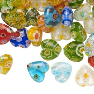 Bead mix, millefiori glass, translucent and transparent multicolored, 9-11mm puffed heart. Sold per 2-ounce pkg, approximately 100  beads.