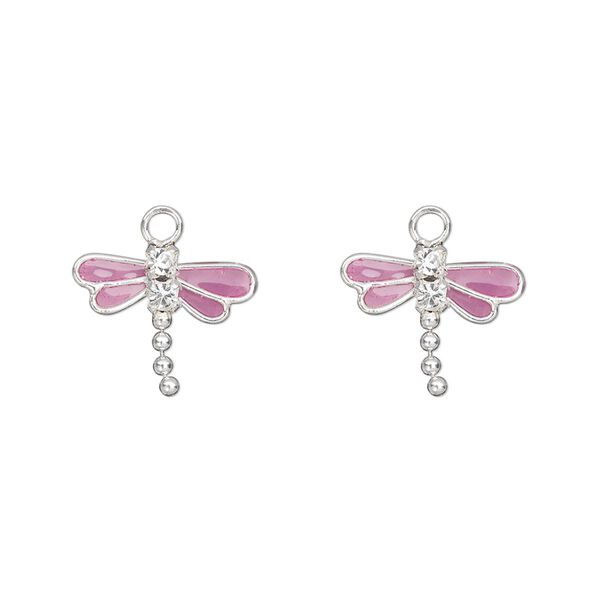 Charm, Preciosa crystal / sterling silver / enamel, purple and crystal clear, 13x11mm single-sided dragonfly. Sold per pkg of 2. image number 0