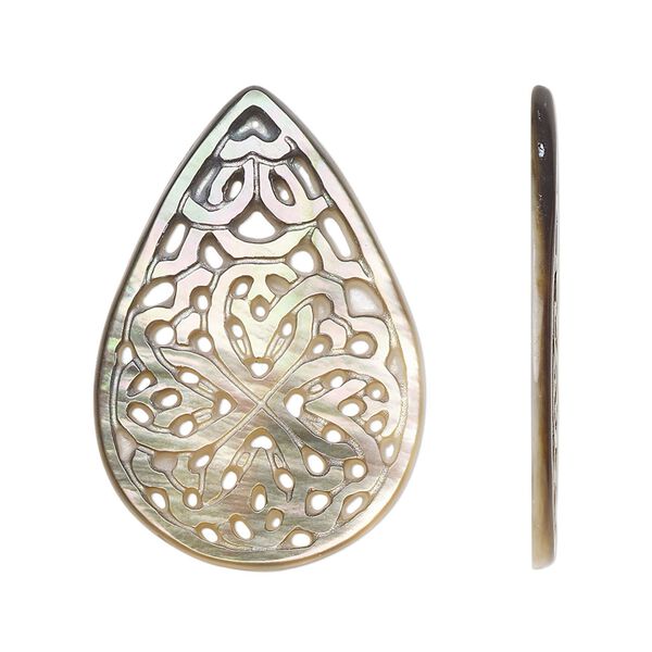 Focal, black lip shell (natural), 33x22mm undrilled carved teardrop with cutout design, Mohs hardness 3-1/2. Sold individually. image number 0