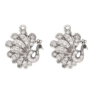 Charm, antique silver-finished "pewter" (zinc-based alloy) and glass, clear and black, 25x24mm single-sided peacock. Sold per pkg of 2.