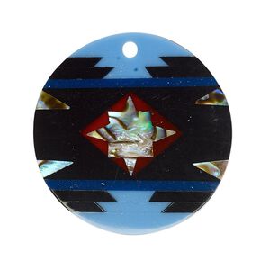Drop, paua shell and resin, multicolored, 28mm single-sided flat round. Sold individually.