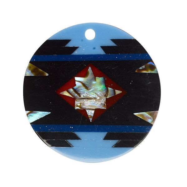 Drop, paua shell and resin, multicolored, 28mm single-sided flat round. Sold individually. image number 0