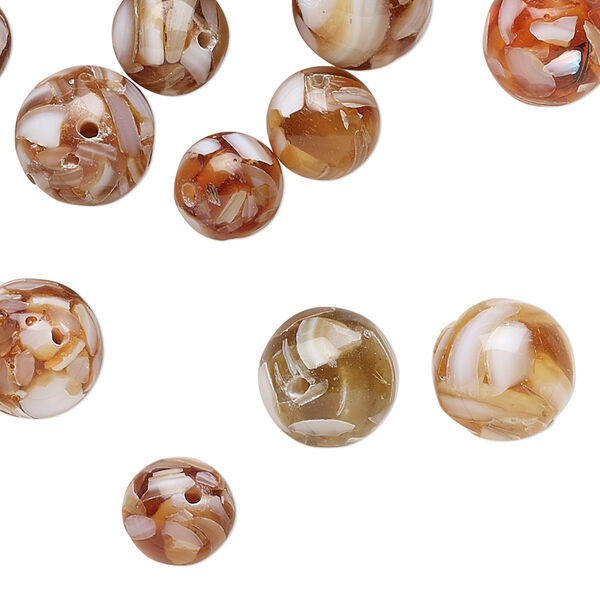 Bead 1pkg60 mother-of-pearl shell, 8-10mm round, mix assembled opaque / translucent multi-brown / white image number 0