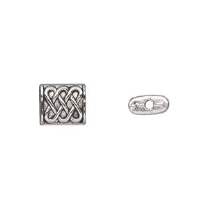 Bead, antique silver-plated "pewter" (zinc-based alloy), 10x8mm double-sided rectangle with Celtic weave. Sold per pkg of 20.