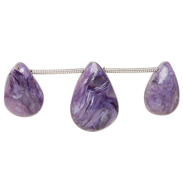 Bead, charoite (natural), 12x8mm-17x12mm graduated hand-cut top-drilled puffed teardrop, B grade, Mohs hardness 5 to 6. Sold per pkg of 3. image number 0