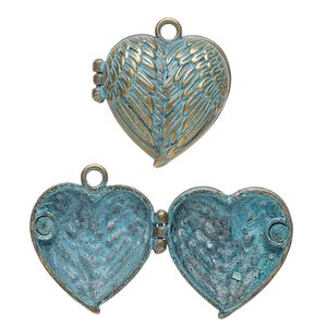 Focal, antique brass-finished "pewter" (zinc-based alloy), green patina, 31x30mm double-sided hinged heart locket with angel wing and magnetic closure. Sold individually.