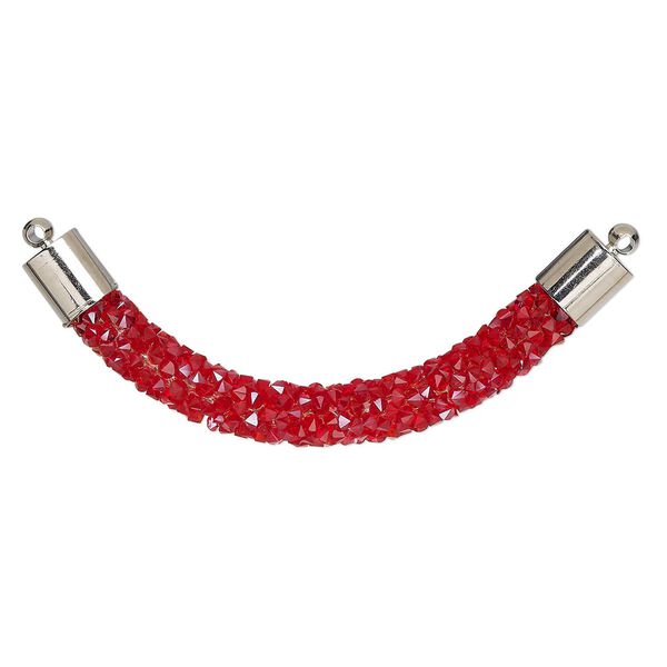 Focal, glass / resin / imitation rhodium-finished brass, red, 60x7mm-64x8mm curved tube. Sold per pkg of 4. image number 0