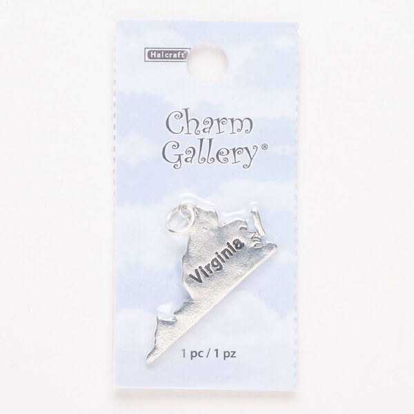 Charm, steel and enamel, pkg/1, silver finish and black, 34x17mm with "Virginia." image number 0