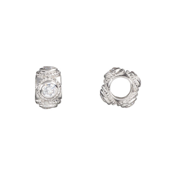 Bead, cubic zirconia and rhodium-plated sterling silver, clear, 10.5x6.5mm rondelle with rope design. Sold individually. image number 0