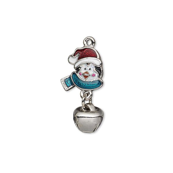 Charm, enamel and imitation rhodium-plated "pewter" (zinc-based alloy), multicolored with glitter, 23x11mm single-sided penguin with jingle bell. Sold individually. image number 0