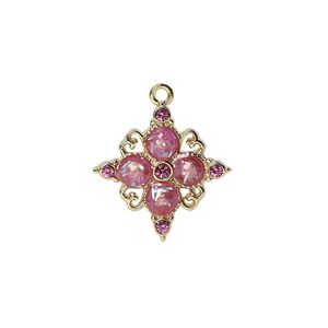 Drop, cubic zirconia / acrylic / gold-finished "pewter" (zinc-based alloy), pink opalescent, 19mm single-sided diamond. Sold individually.