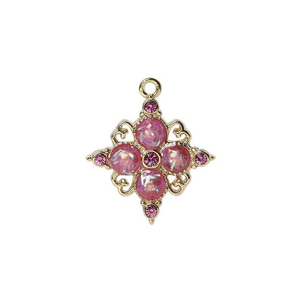 Drop, cubic zirconia / acrylic / gold-finished "pewter" (zinc-based alloy), pink opalescent, 19mm single-sided diamond. Sold individually. image number 0