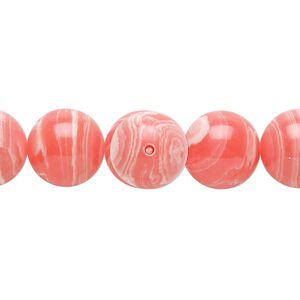 Bead, resin, white and pink, 12mm round. Sold per 15" to 16" strand.
