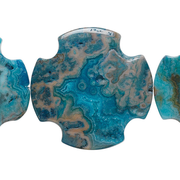 Bead, crazy lace agate (dyed), light to dark blue, 30x30mm flat cross, B grade, Mohs hardness 6-1/2 to 7. Sold per 15-1/2" to 16" strand. image number 0
