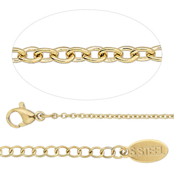 Chain, gold-finished stainless steel, 1.5mm cable, 24 inches with 2-inch extender chain and lobster claw clasp. Sold individually. image number 0