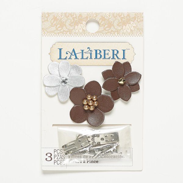 Hair clip / shoe clip kit, plastic / acrylic / silver-finished steel, silver / brown / gold, 30x30mm and 34x34mm flower. Sold per 8-piece kit. image number 0
