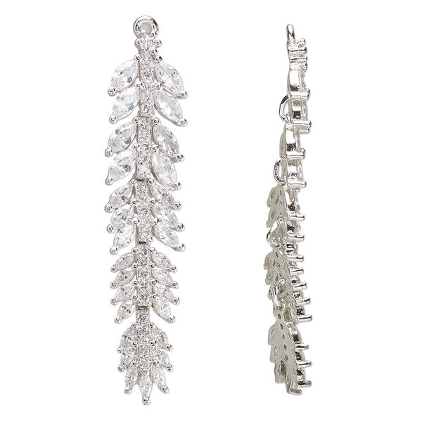 Focal, cubic zirconia and silver-plated brass, clear, 46x10.5mm single-sided feather. Sold individually. image number 0