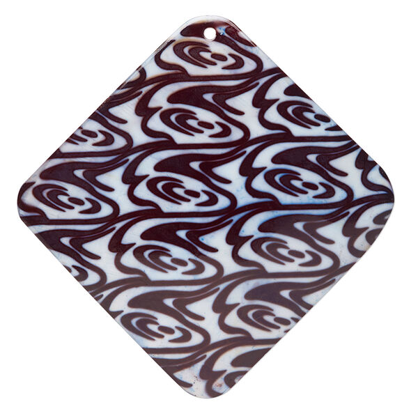 Focal, blister pearl shell (dyed), white / dark brown / purple, 3- to 3-1/4 inch diamond with swirl decal. Sold individually. image number 0