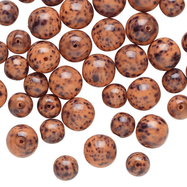 Bead assortment, Czech glass, opaque red-brown and black, 6mm round and 8mm round with spotted design. Sold per pkg of 50. image number 0
