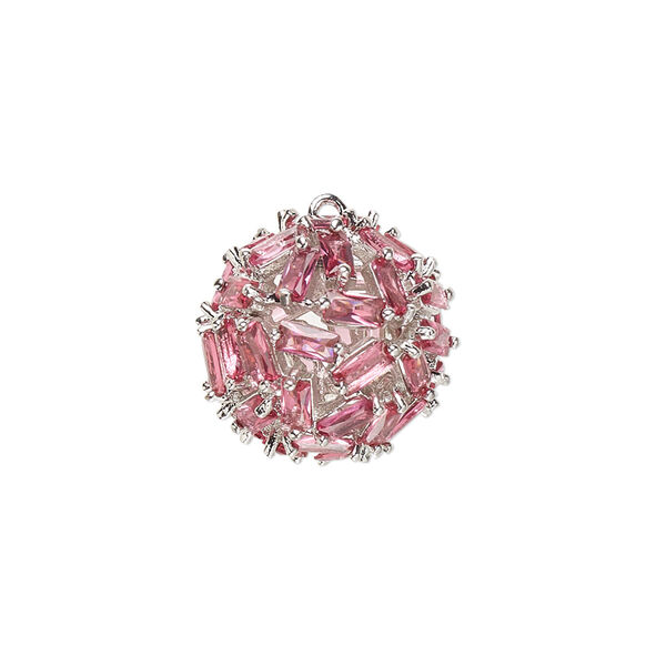 Drop, cubic zirconia and silver-plated brass, fuchsia, 17.5mm hollow ball. Sold individually. image number 0