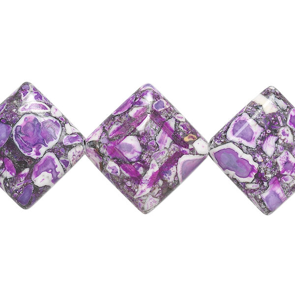 Bead, mosaic stone (assembled / dyed), purple / black / white, 18x18mm flat diamond, Mohs hardness 5 to 6. Sold per 15-1/2" to 16" strand. image number 0