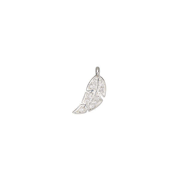 Charm, sterling silver and cubic zirconia, clear, 9mm single-sided feather, Sold Individually. image number 0
