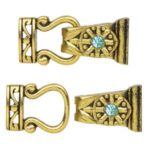 Clasp magnetic fold-over 1pkg2 "pewter" (zinc alloy), 29x13mm, antique gold-finished / aqua blue rhinestone 2-strand