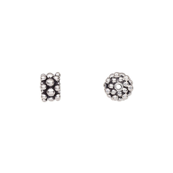 Bead, antiqued sterling silver, 7x4mm beaded rondelle. Sold per 1/4 troy ounce pkg, approximately 5-10 beads. image number 0