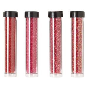 Seed bead assortment, Ming Tree™, glass, pkg/(4) 4 x 3/4 inch vials, #11 round, translucent and transparent rainbow luster red.